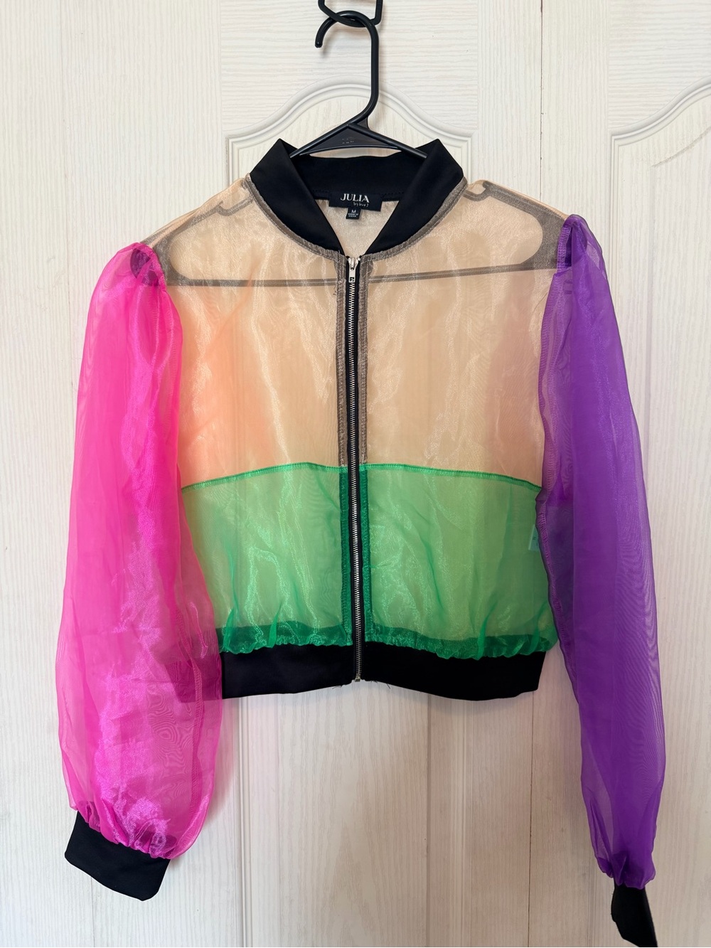 love J Sheer Colorblock Bomber Jacket - Pink, Purple, Green, Cream, Black